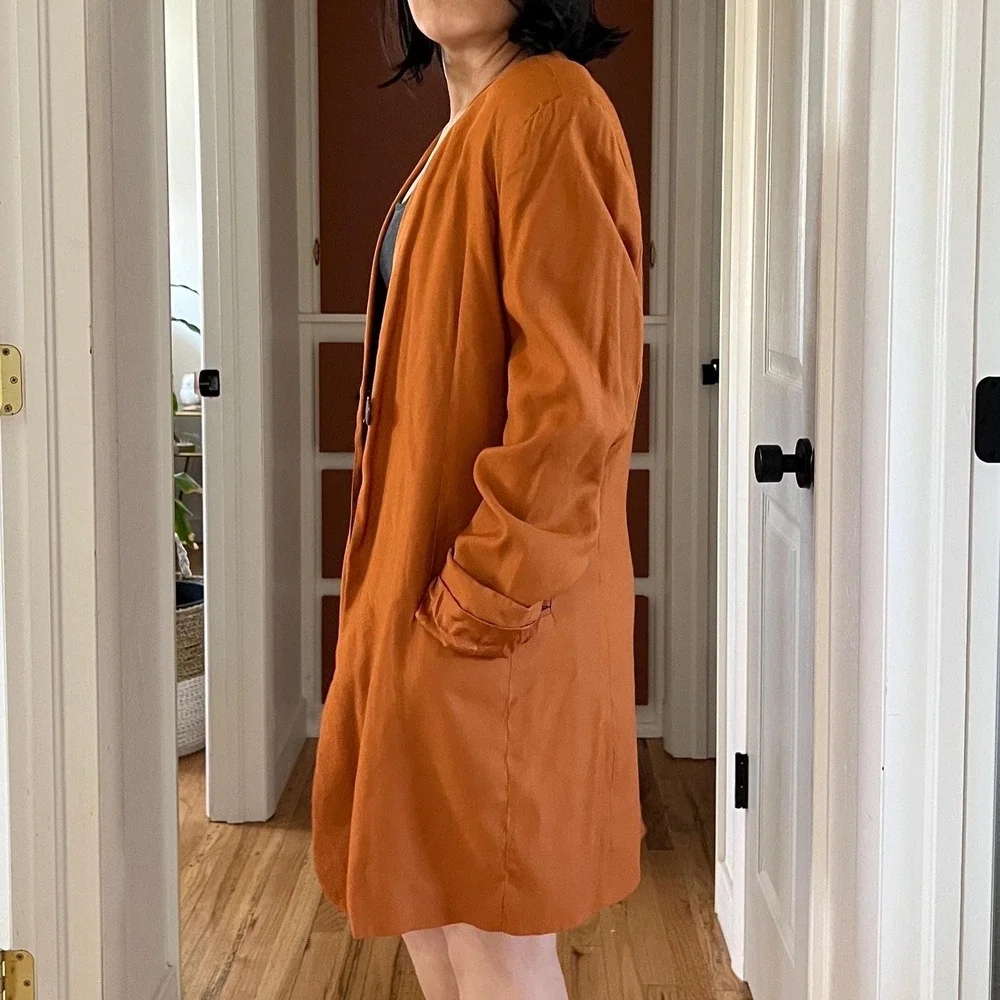 Vintage 90s orange long Rayon blazer oversized classic minimalist large office - Picture 4 of 15